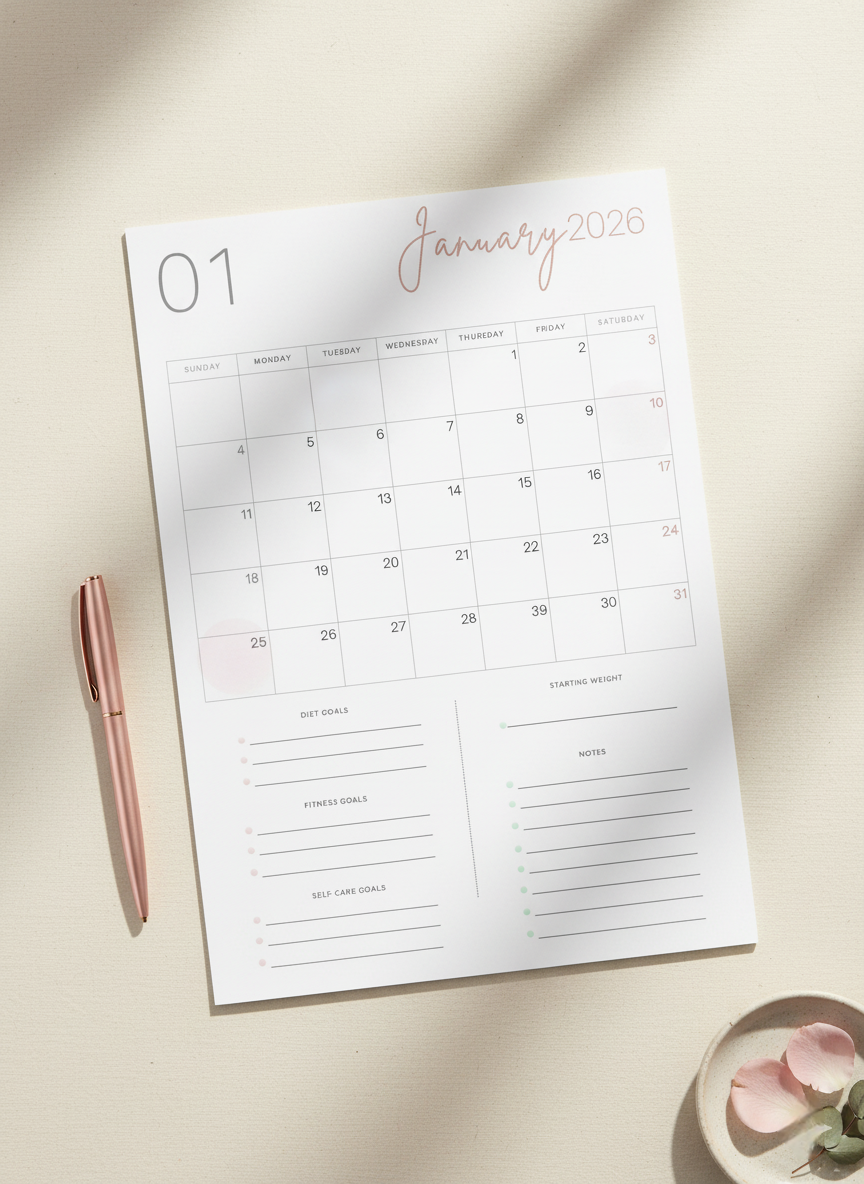 2026 Printable Weight Loss Calendar | Monthly Diet, Fitness & Self-Care Planner - Image 3