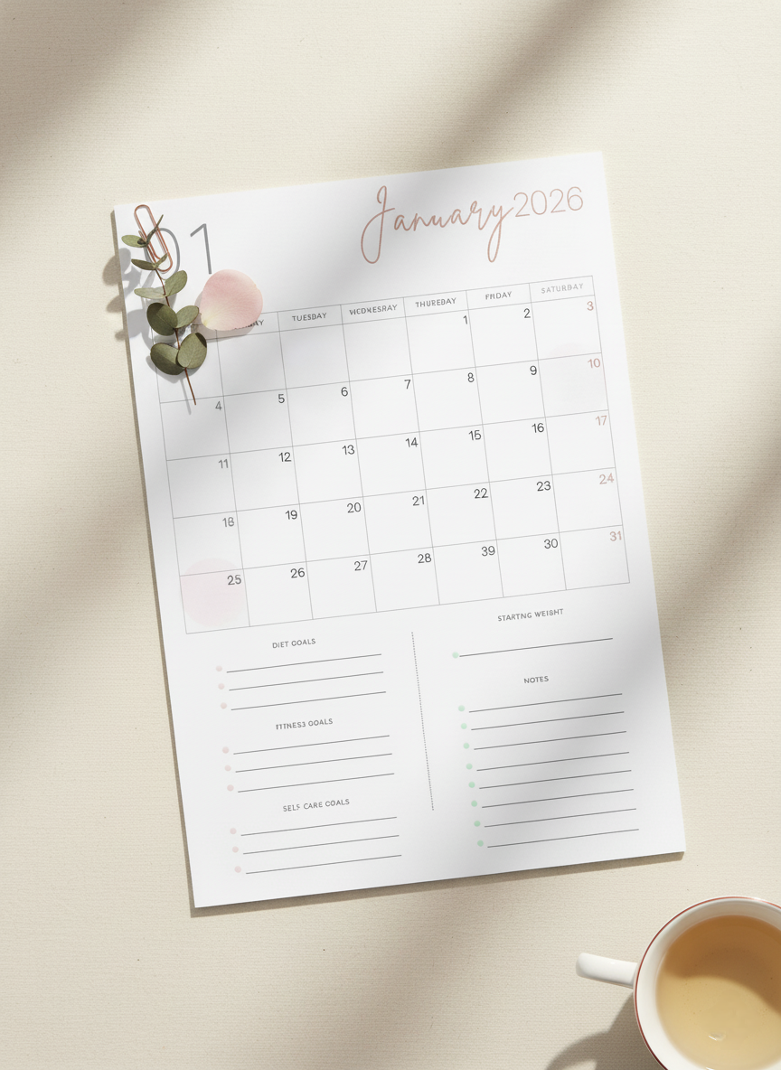 2026 Printable Weight Loss Calendar | Monthly Diet, Fitness & Self-Care Planner - Image 4
