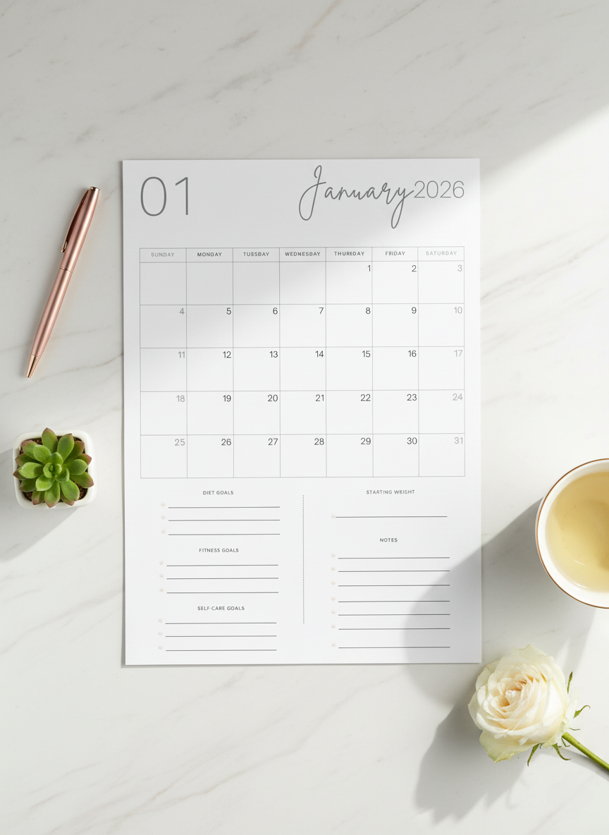 2026 Printable Weight Loss Calendar | Monthly Diet, Fitness & Self-Care Planner