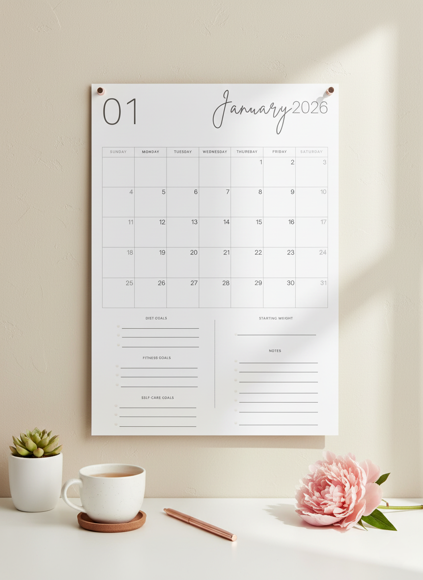 2026 Printable Weight Loss Calendar | Monthly Diet, Fitness & Self-Care Planner - Image 5