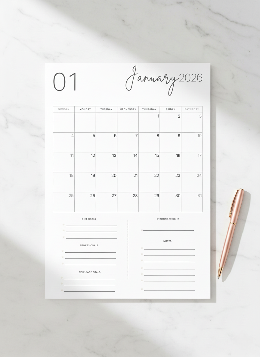 2026 Printable Weight Loss Calendar | Monthly Diet, Fitness & Self-Care Planner - Image 6